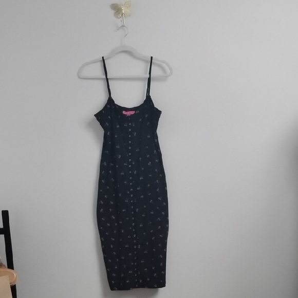 Vintage Betsey Johnson Retro Style Black Cherry Print Snap Front Bodycon Dress - Picture 2 of 14